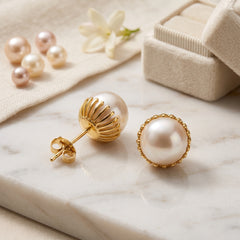 EL ARO Oversized Pearl Button Stud Earrings with Gold Bead Halo