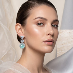 EL ARO Silver Aqua Chalcedony Teardrop Drop Earrings with CZ Trio