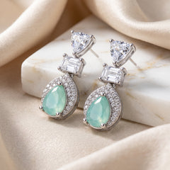 EL ARO Silver Aqua Chalcedony Teardrop Drop Earrings with CZ Trio