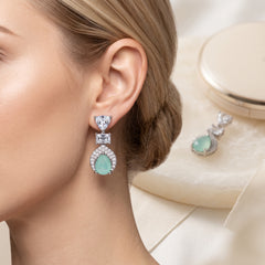 EL ARO Silver Aqua Chalcedony Teardrop Drop Earrings with CZ Trio