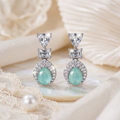 EL ARO Silver Aqua Chalcedony Teardrop Drop Earrings with CZ Trio