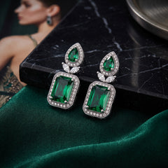 Elaro Silver Emerald Green Emerald-Cut CZ Drop Earrings with Pear Stud