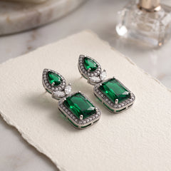 Elaro Silver Emerald Green Emerald-Cut CZ Drop Earrings with Pear Stud