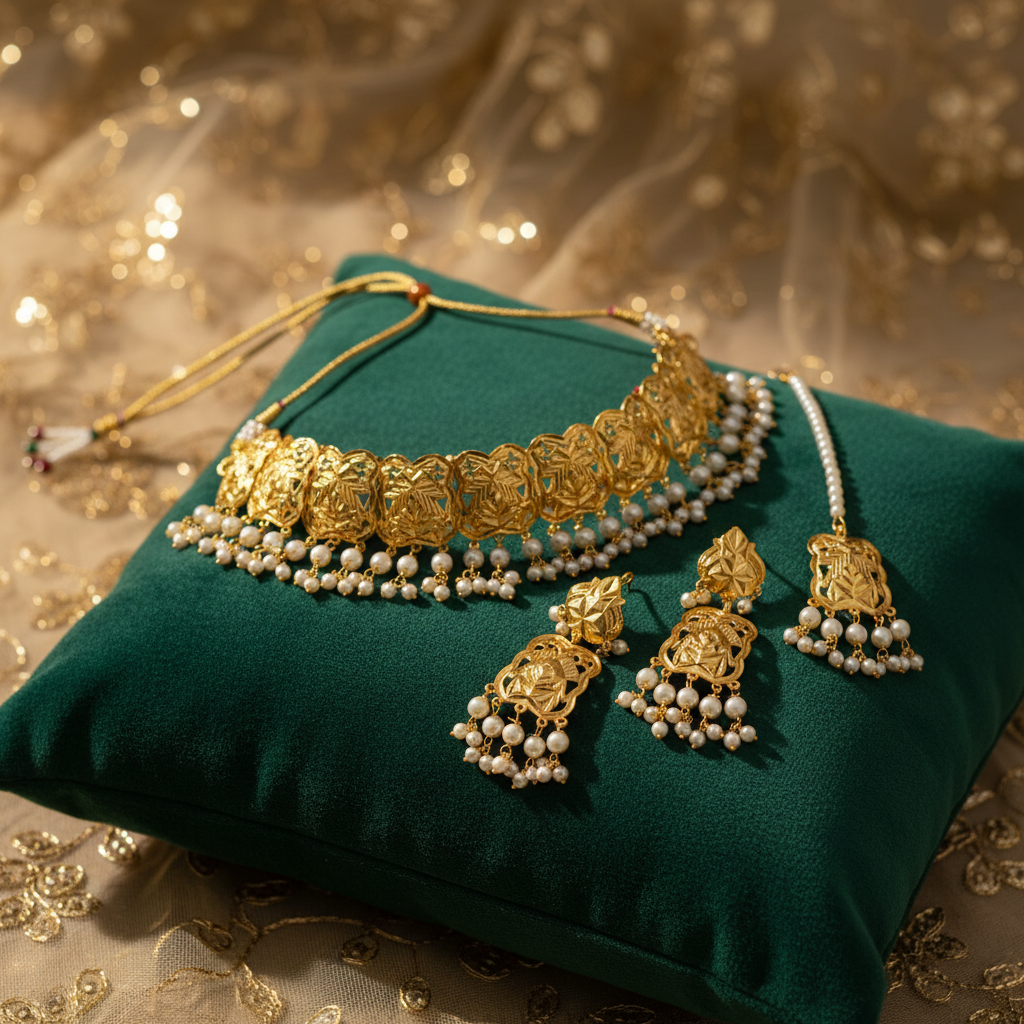 EL ARO Gold Floral Choker Necklace Set with Jhumka Earrings & Maang Tikka