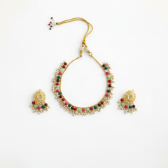 EL ARO Traditional Gold-Plated Multi-Color Beaded Choker Necklace Set with Matching Drop Earrings