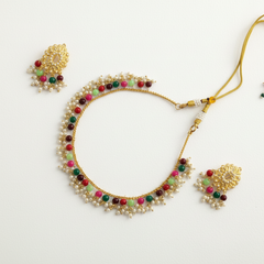 EL ARO Traditional Gold-Plated Multi-Color Beaded Choker Necklace Set with Matching Drop Earrings