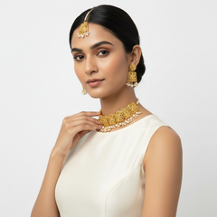 EL ARO Gold Floral Choker Necklace Set with Jhumka Earrings & Maang Tikka