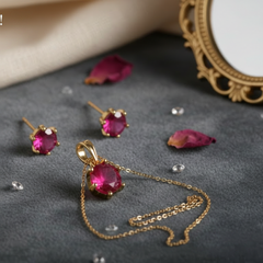 EL ARO Gold Ruby Red Oval CZ Pendant Necklace & Stud Earrings Set