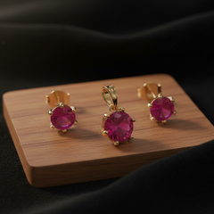 EL ARO Gold Ruby Red Oval CZ Pendant Necklace & Stud Earrings Set