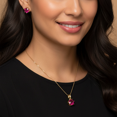 EL ARO Gold Ruby Red Oval CZ Pendant Necklace & Stud Earrings Set