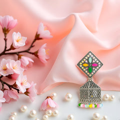 EL ARO Oxidised Silver Diamond-Top Jhumka Earrings with Multicolour Enamel & Bead Drops