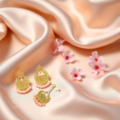 EL ARO Gold Kundan Chandbali Earrings & Maang Tikka Set with Ruby pink Bead Drops
