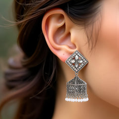 EL ARO Oxidised Silver Diamond-Top Jhumka Earrings with Multicolour Enamel & Bead Drops