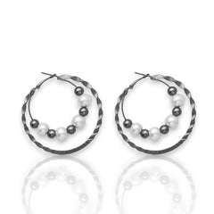EL ARO Double Hoop Gunmetal Earrings with Pearl & Hematite Beads