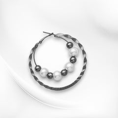 EL ARO Double Hoop Gunmetal Earrings with Pearl & Hematite Beads