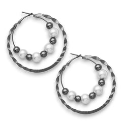 EL ARO Double Hoop Gunmetal Earrings with Pearl & Hematite Beads