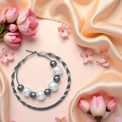 EL ARO Double Hoop Gunmetal Earrings with Pearl & Hematite Beads