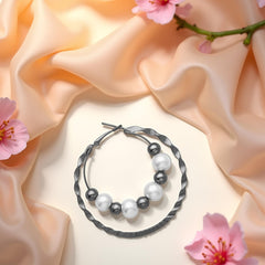 EL ARO Double Hoop Gunmetal Earrings with Pearl & Hematite Beads