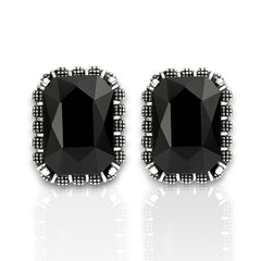 EL ARO Vintage Silver Emerald-Cut Green Crystal Stud Earrings with Marcasite Border