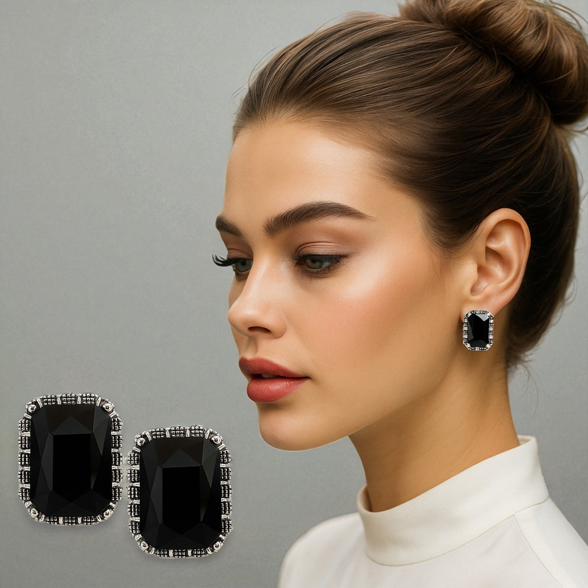 EL ARO Vintage Silver Emerald-Cut Green Crystal Stud Earrings with Marcasite Border