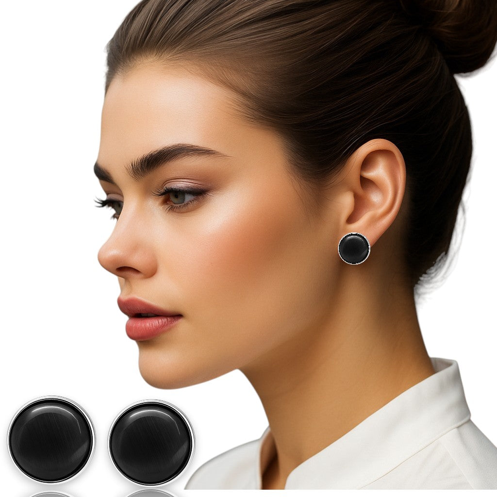 EL ARO Black Onyx Round Button Stud Earrings — Silver Bezel Setting