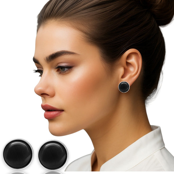 EL ARO Black Onyx Round Button Stud Earrings — Silver Bezel Setting