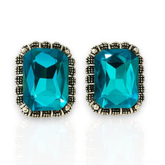 EL ARO Vintage Silver Emerald-Cut Green Crystal Stud Earrings with Marcasite Border