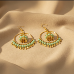 EL ARO Gold Hoop Jhumka Earrings with Mint Green Beads & Leaf Drops