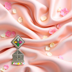 EL ARO Oxidised Silver Diamond-Top Jhumka Earrings with Multicolour Enamel & Bead Drops