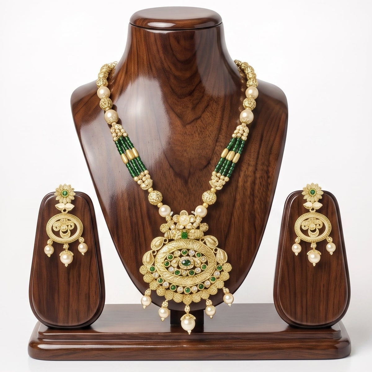 EL ARO Traditional Gold-Plated Emerald and Pearl Long Necklace Set with Matching Drop Earrings