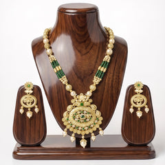 EL ARO Traditional Gold-Plated Emerald and Pearl Long Necklace Set with Matching Drop Earrings