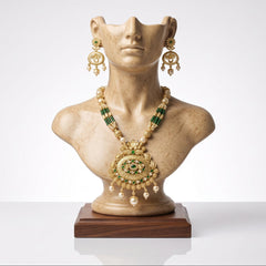 EL ARO Traditional Gold-Plated Emerald and Pearl Long Necklace Set with Matching Drop Earrings