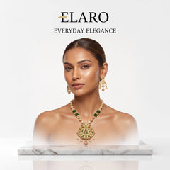 EL ARO Traditional Gold-Plated Emerald and Pearl Long Necklace Set with Matching Drop Earrings