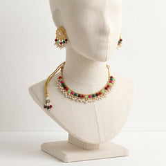 EL ARO Traditional Gold-Plated Multi-Color Beaded Choker Necklace Set with Matching Drop Earrings