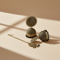 EL ARO Vintage Antique Gold Starburst Jhumka Earrings with Black Beads