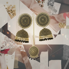 EL ARO Vintage Antique Gold Starburst Jhumka Earrings with Black Beads
