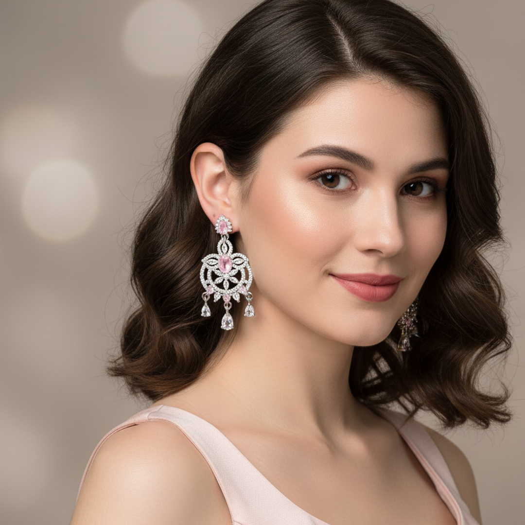 EL ARO Pink Blossom Dangle Earrings — Silver CZ Chandelier Drop