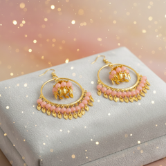 EL ARO Gold Hoop Jhumka Earrings with Mint Green Beads & Leaf Drops