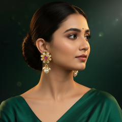 EL ARO Elegant Pink Kundan Floral Drop Earrings with Pearl Hangings