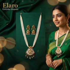 Elaro Pearl Strand Necklace & Jhumka Earrings Set with Peacock Pendant