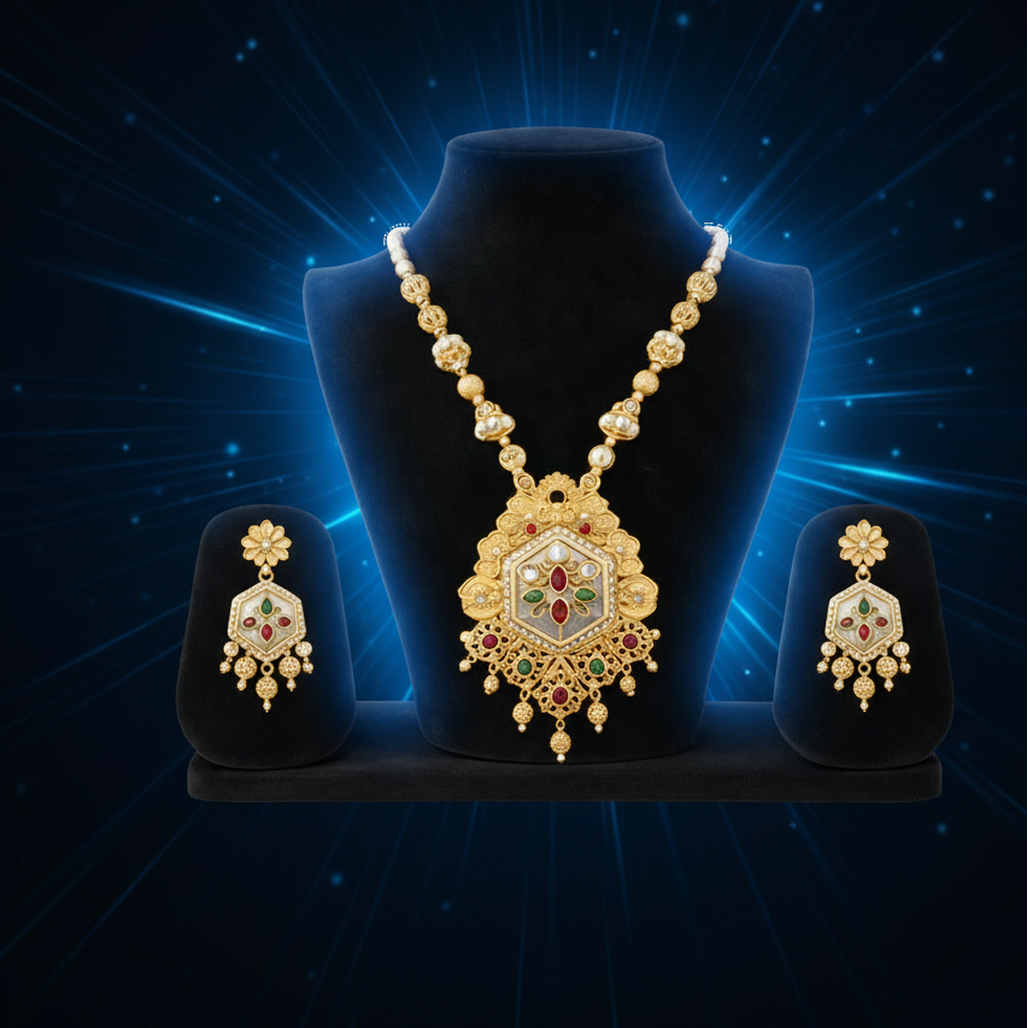 EL ARO Royal Matte Gold-Plated Long Necklace Set with Matching Drop Earrings