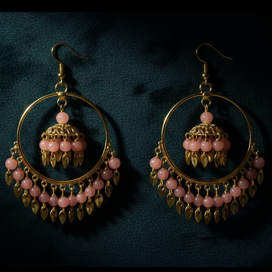 EL ARO Gold Hoop Jhumka Earrings with Mint Green Beads & Leaf Drops