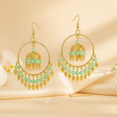 EL ARO Gold Hoop Jhumka Earrings with Mint Green Beads & Leaf Drops