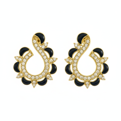 EL ARO Gold & Black Enamel Paisley Swirl CZ Stud Earrings