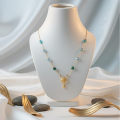 Elaro Everyday Elegance — Gold Teal Crystal Bead Chain Necklace with Filigree Pendant