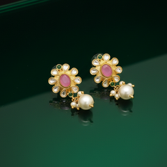 EL ARO Elegant Pink Kundan Floral Drop Earrings with Pearl Hangings