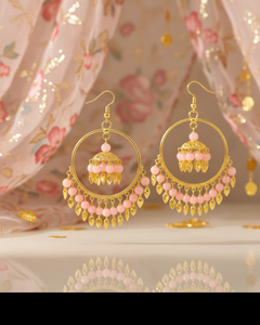 EL ARO Gold Hoop Jhumka Earrings with Mint Green Beads & Leaf Drops