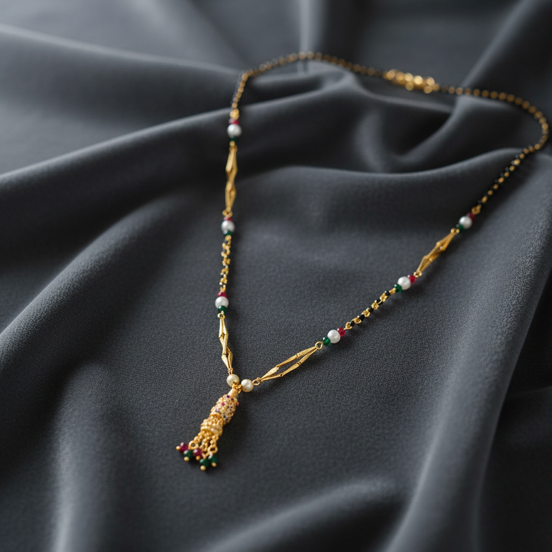 Elaro Gold Meenakari Lotus Mangalsutra with Ruby & Emerald Drops