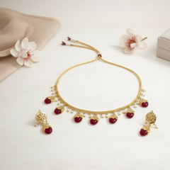 EL ARO Gold Floral Jhumka Necklace Set with Pink, Purple & Black Bead Drops