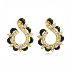 EL ARO Gold & Black Enamel Paisley Swirl CZ Stud Earrings